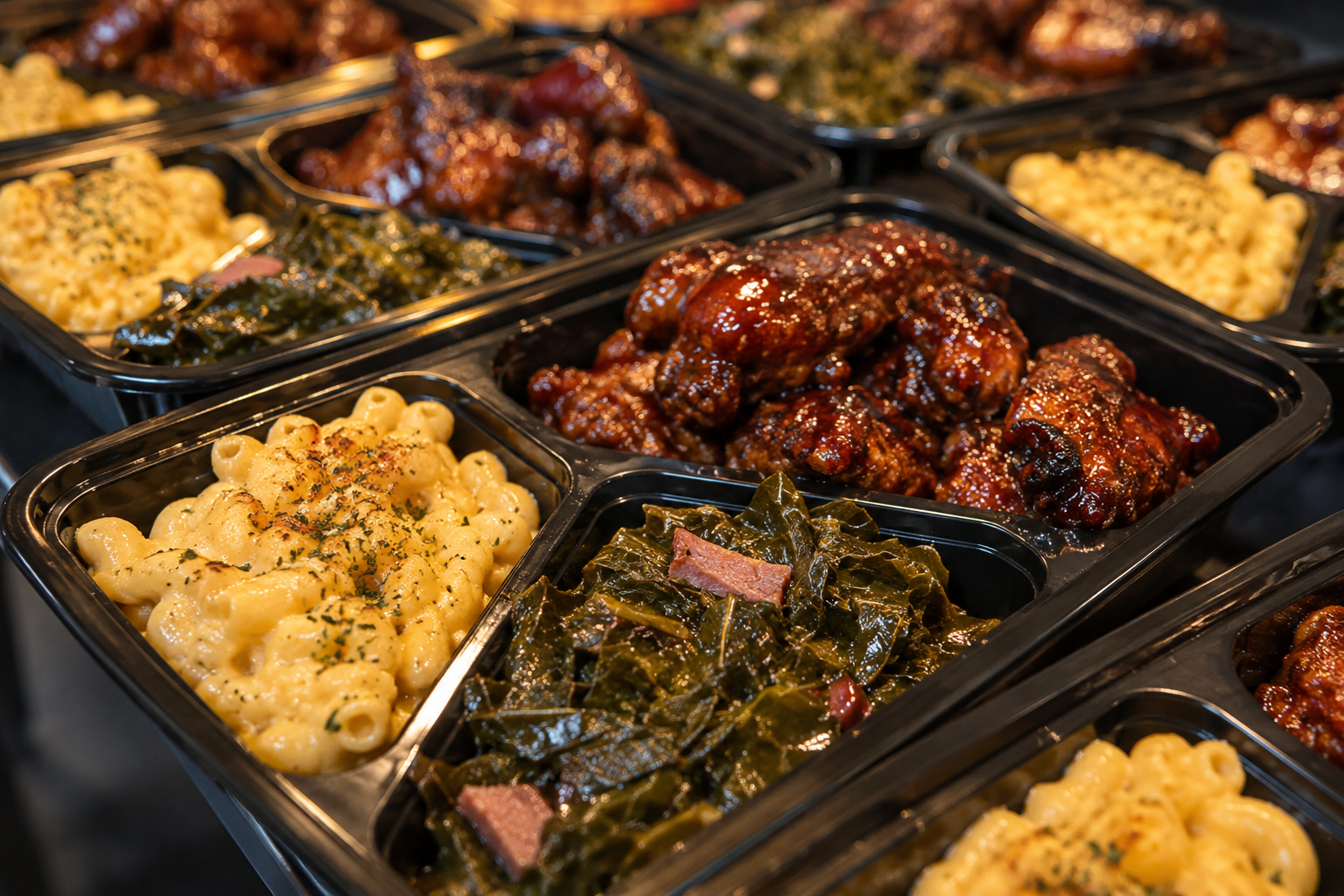 Chop Eateryy catering trays with BBQ wings, baked mac and cheese, and seasoned collard greens