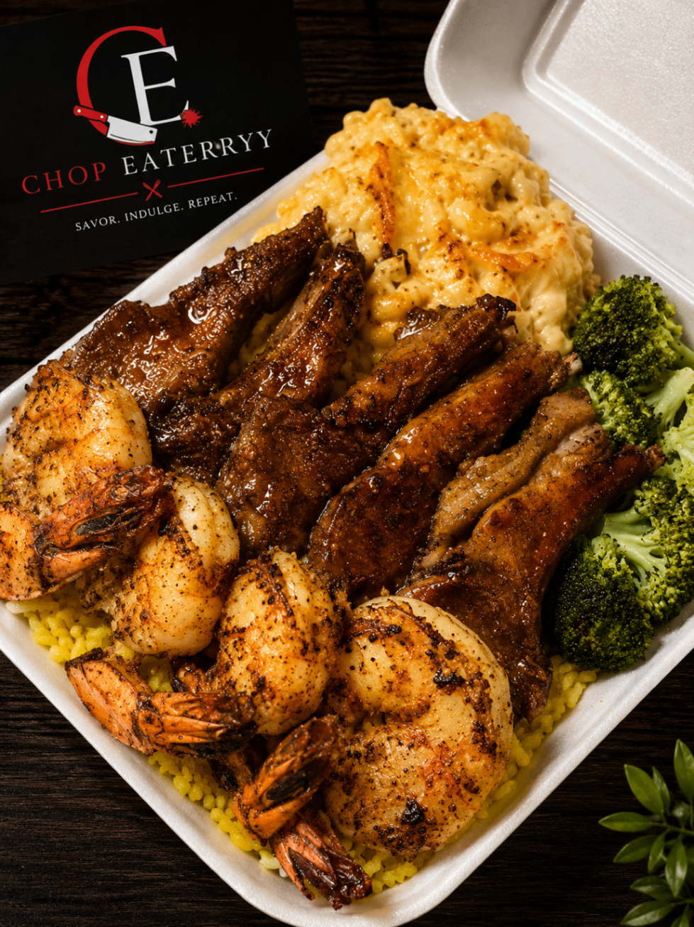 Premium tiger shrimp and lamb chop catering plate