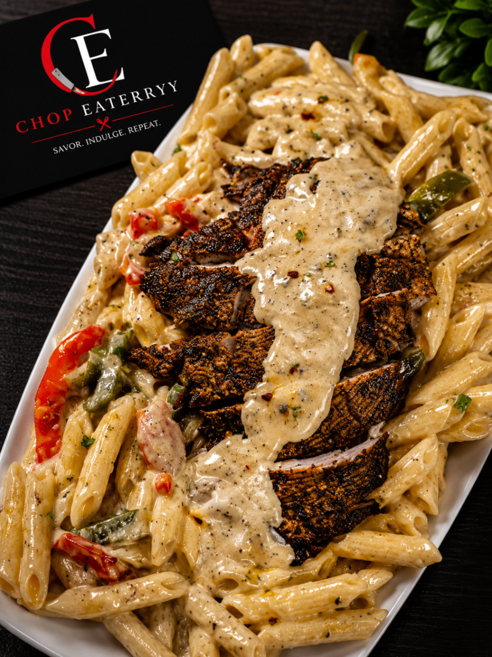 Creamy rasta pasta with seasoned chicken